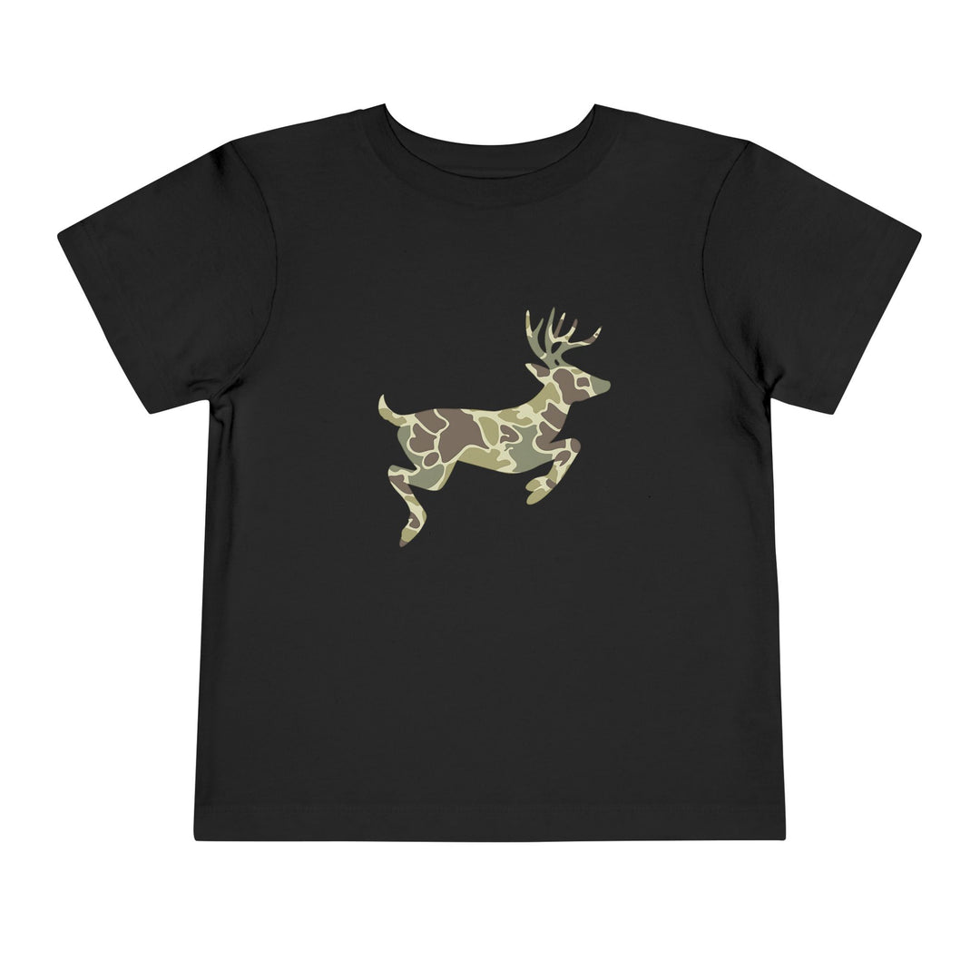 Camo Deer Toddler Tee: Black toddler T-shirt featuring a stylized leaping deer with a camouflage pattern, crafted from soft, 100% Airlume combed and ring-spun cotton.