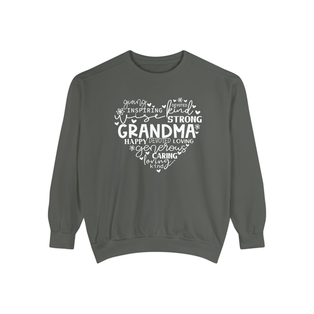 Grandma Crew unisex sweatshirt with white text, 80% cotton, 20% polyester, relaxed fit, rolled-forward shoulder, back neck patch. Luxurious comfort in 3-end garment-dyed fleece.