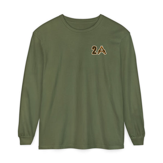 Olive-green 2A Long Sleeve Tee with rifle silhouette graphic on chest, showcasing relaxed fit and soft, 100% cotton fabric.