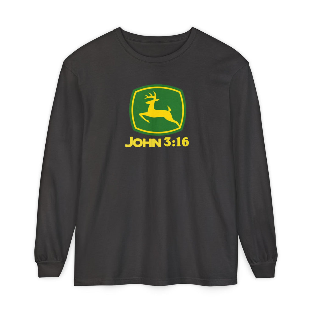 John 3:16 Long Sleeve Tee featuring a spoof John Deere logo with a leaping deer, crafted from soft, 100% ring-spun cotton, perfect for casual comfort.