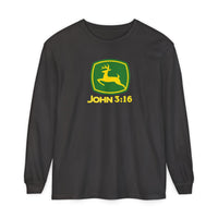 John 3:16 Long Sleeve Tee featuring a spoof John Deere logo with a leaping deer, crafted from soft, 100% ring-spun cotton, perfect for casual comfort.