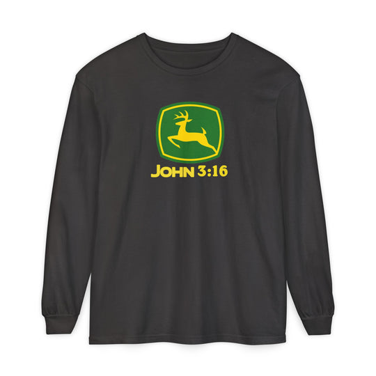 John 3:16 Long Sleeve Tee featuring a spoof John Deere logo with a leaping deer, crafted from soft, 100% ring-spun cotton, perfect for casual comfort.