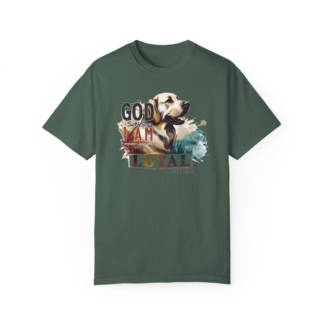 A green Loyal Tee featuring a dog design on ring-spun cotton. Relaxed fit, garment-dyed for coziness. Durable double-needle stitching, no side-seams for shape retention. From Worlds Worst Tees.