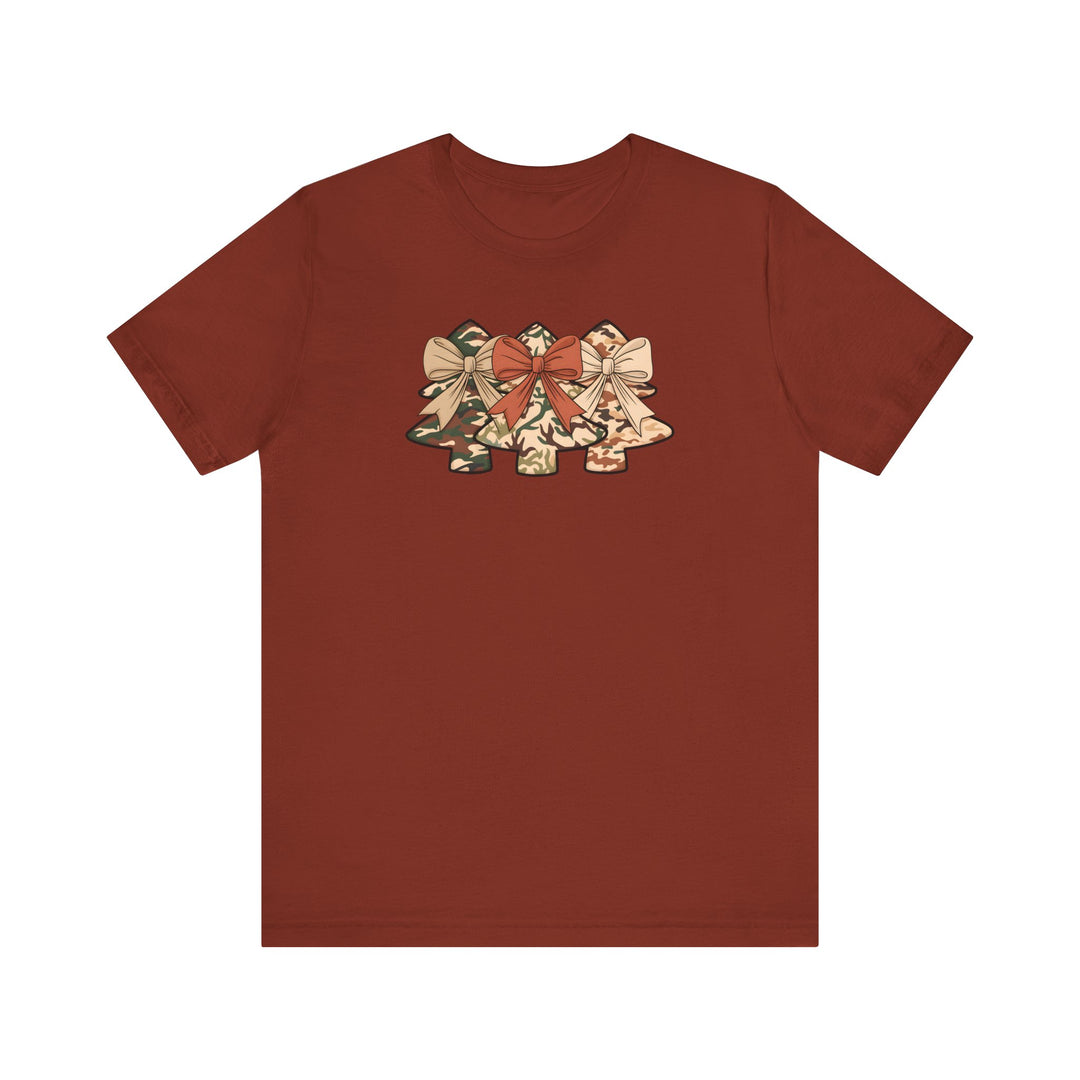 Camo Christmas Tree Tee: Rust T-shirt featuring three camo-patterned, bell-shaped graphics with bows, showcasing a unique holiday design. Soft cotton, unisex fit, sizes S to 3XL.