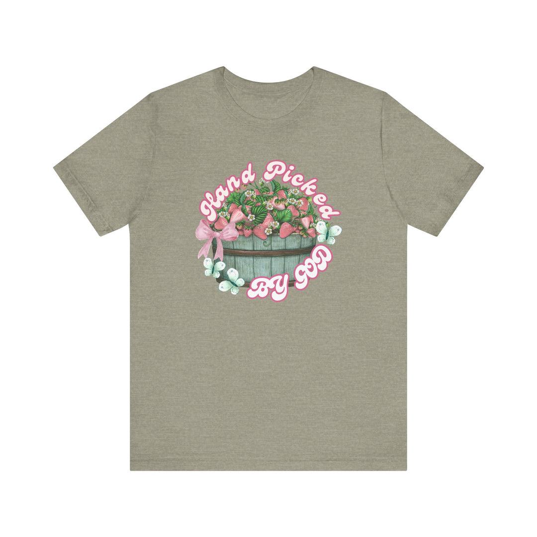 Hand Picked by GOD Tee, a classic unisex jersey short sleeve shirt, features soft cotton with ribbed knit collars and dual side seams for lasting shape.