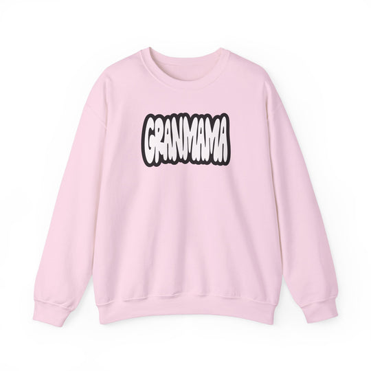 Granmama Crew unisex heavy blend crewneck sweatshirt in pink with black text. Ribbed knit collar, no itchy side seams, 50% cotton, 50% polyester, loose fit, medium-heavy fabric. Sizes S to 5XL.