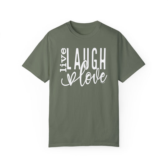 A ring-spun cotton Live Laugh Love Tee, garment-dyed for coziness. Relaxed fit, double-needle stitching, and tubular shape for durability. Perfect for daily wear.