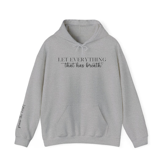 Unisex Let Everything That Has Breath Praise the Lord Hoodie, a cozy blend of cotton and polyester. Features kangaroo pocket, matching drawstring, and classic fit. Perfect for chilly days.