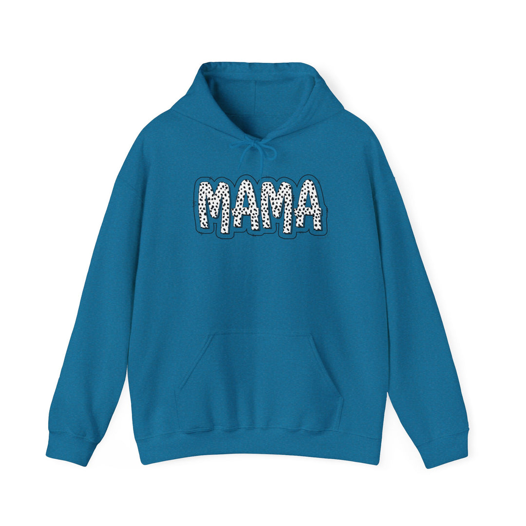 A blue Mama Print Hoodie sweatshirt with white text, a kangaroo pocket, and a drawstring hood. Unisex, cotton-polyester blend, no side seams, medium-heavy fabric, tear-away label. Sizes S-5XL.