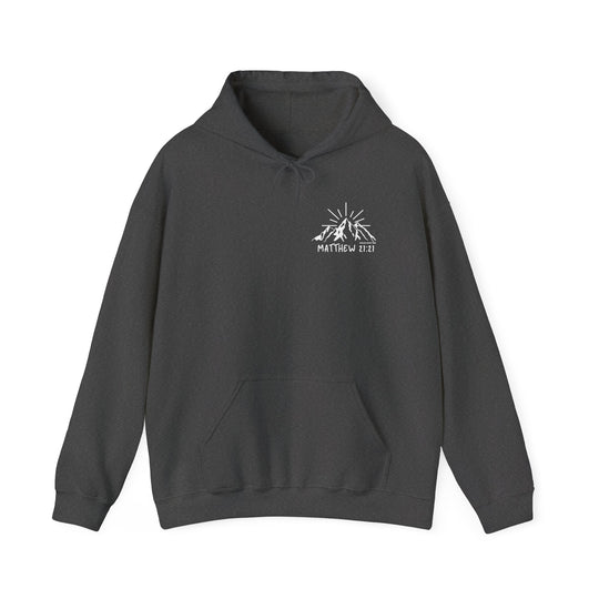 A black hoodie featuring a white Faith Can Move Mountains logo, made of a cozy cotton-polyester blend. Kangaroo pocket and matching drawstring for style and comfort. From Worlds Worst Tees.