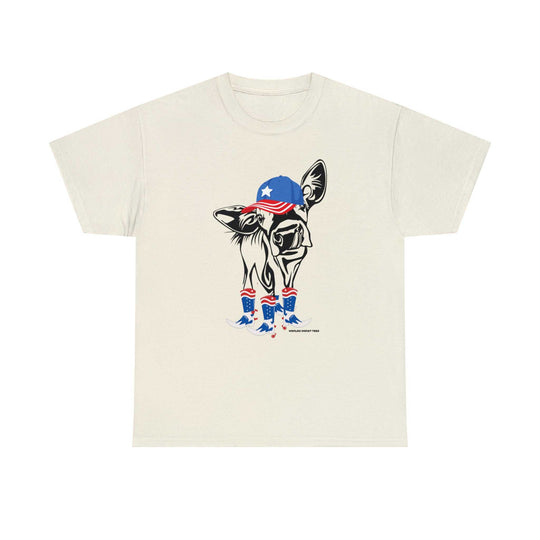 A white t-shirt featuring a cow in a hat and boots, perfect for casual fashion. Unisex heavy cotton tee with tape on shoulders for durability, ribbed knit collar, and no side seams. Ideal for 4th of July Family Rodeo.