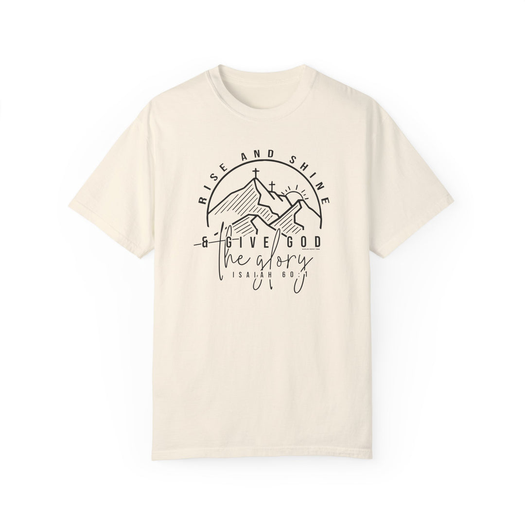A white Rise and Shine Tee with a mountain and sun graphic on ring-spun cotton. Relaxed fit, double-needle stitching, and seamless design for durability and comfort. From Worlds Worst Tees.
