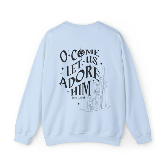 A unisex heavy blend crewneck sweatshirt featuring O come let us adore him Crew design. Medium-heavy fabric, ribbed knit collar, loose fit, sewn-in label. Sizes S-5XL. Comfortable and stylish.