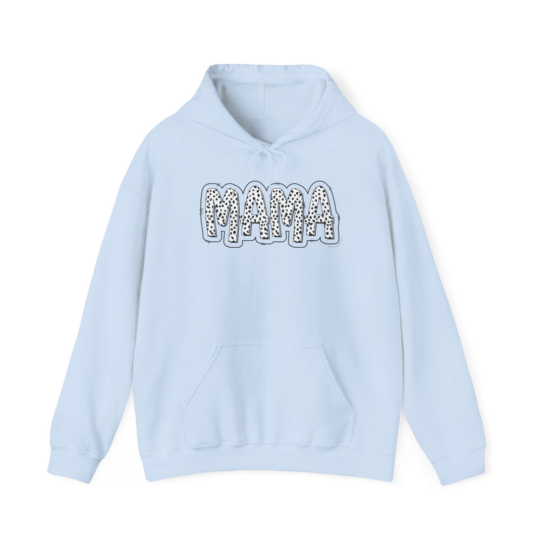 A Mama Print Hoodie, a light blue sweatshirt with a black and white design, made of 50% cotton and 50% polyester. Features a kangaroo pocket and drawstring hood. Medium-heavy fabric, tear-away label, classic fit.