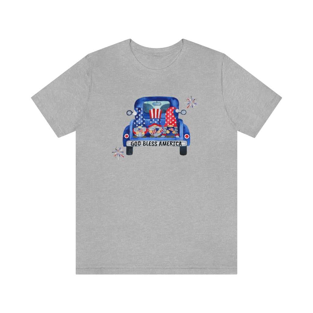 American Gnomies Tee: A grey t-shirt featuring a car print. Unisex jersey tee with ribbed knit collars, taping on shoulders, and dual side seams for a lasting fit. 100% cotton, light fabric, retail fit.