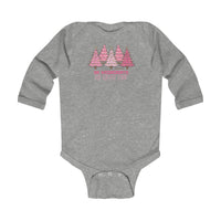 A grey baby bodysuit featuring pink trees, designed for durability and comfort with plastic snaps for easy changing. Made of 100% combed ring-spun cotton. From Worlds Worst Tees.