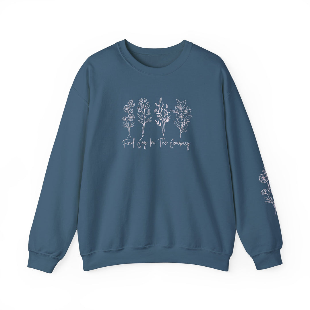 A unisex heavy blend crewneck sweatshirt featuring the Find Joy in the Journey Crew design. Made of 50% cotton, 50% polyester with ribbed knit collar. Medium-heavy fabric, loose fit, true to size.