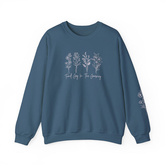 A unisex heavy blend crewneck sweatshirt featuring the Find Joy in the Journey Crew design. Made of 50% cotton, 50% polyester with ribbed knit collar. Medium-heavy fabric, loose fit, true to size.