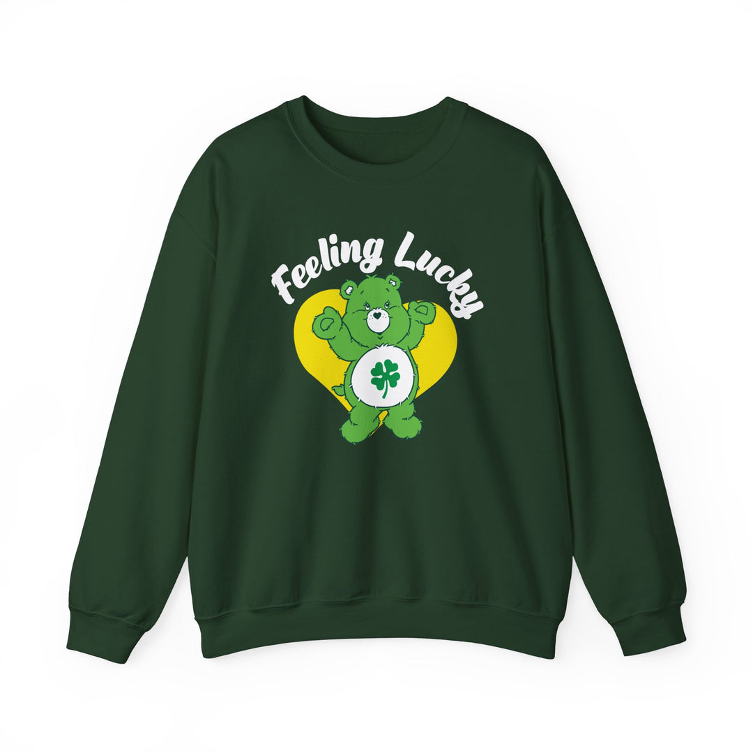 Feeling Lucky Crew unisex sweatshirt with green bear and clover design. Heavy blend fabric, ribbed knit collar, no itchy seams. Ideal comfort for all.
