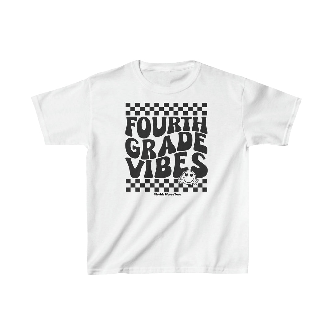 A kids' heavy cotton tee featuring 4th Grade Vibes text. 100% cotton fabric, twill tape shoulders, ribbed collar for durability. Classic fit, tear-away label, runs true to size.