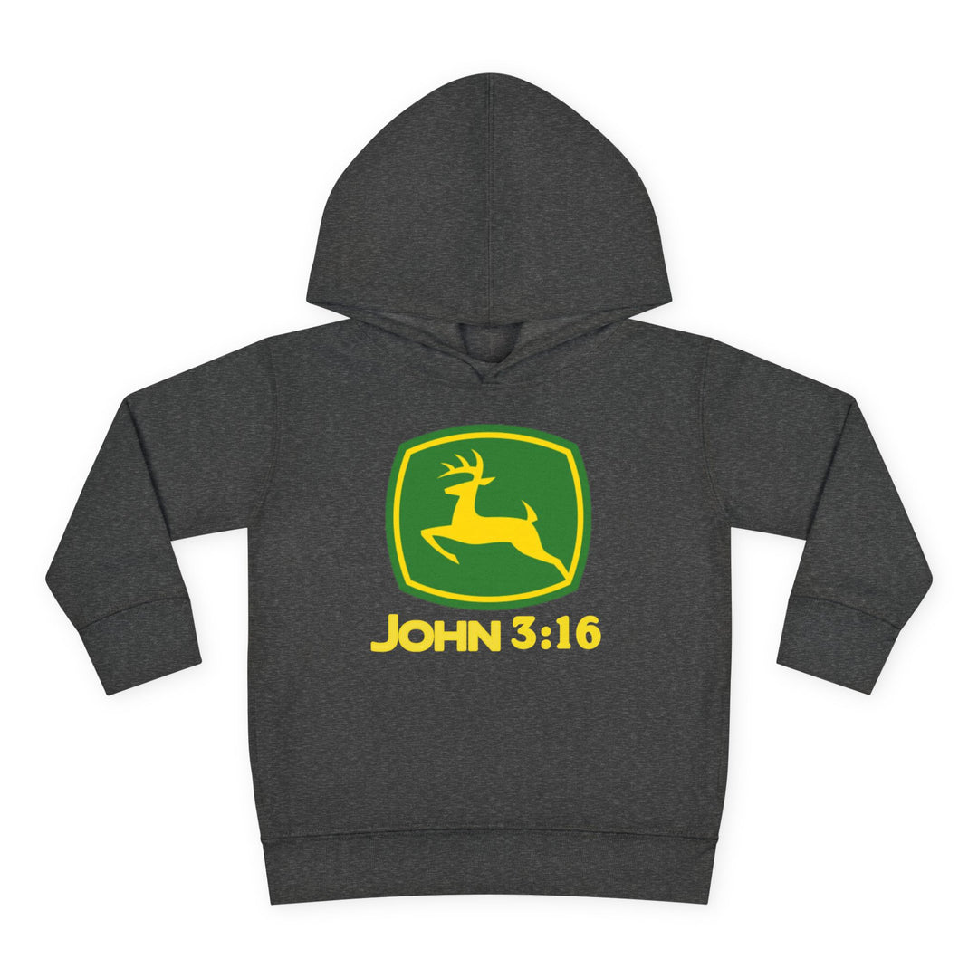 John 3:16 Toddler Hoodie featuring a spoof John Deere logo with a yellow deer on a green shield. Cozy design with durable stitching and side-seam pockets.