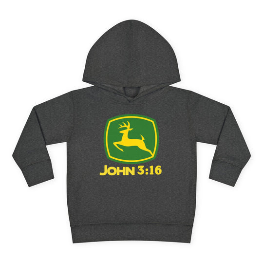 John 3:16 Toddler Hoodie featuring a spoof John Deere logo with a yellow deer on a green shield. Cozy design with durable stitching and side-seam pockets.