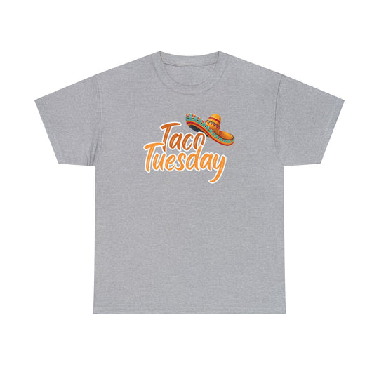 A grey Taco Tuesday Tee with a sombrero logo. Unisex heavy cotton tee with smooth surface for vivid printing, classic fit, tear-away label, and ethically sourced US cotton.