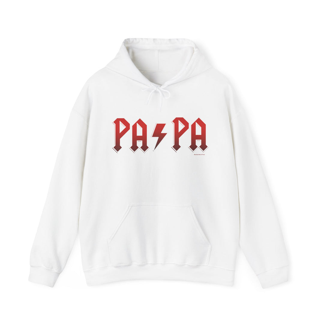 A white hooded sweatshirt with red text, featuring a kangaroo pocket and drawstring hood. Unisex heavy blend for warmth and comfort. Pa/Pa Hoodie by Worlds Worst Tees.