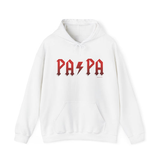 A white hooded sweatshirt with red text, featuring a kangaroo pocket and drawstring hood. Unisex heavy blend for warmth and comfort. Pa/Pa Hoodie by Worlds Worst Tees.