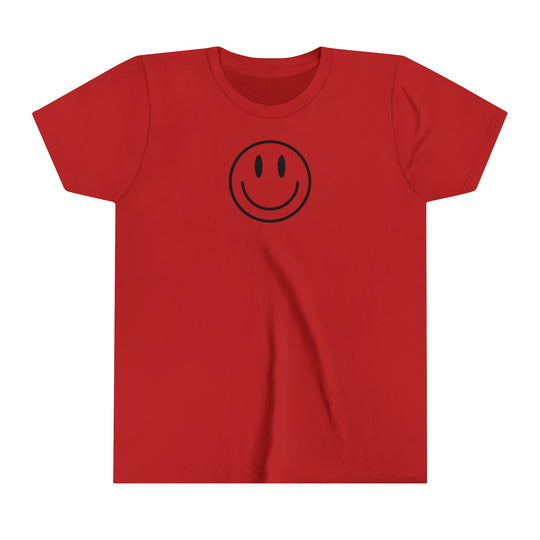 Youth short sleeve tee with a red smiley face design. Lightweight, ring-spun cotton for comfort. Retail fit, tear away label, ideal for custom artwork. From 'Worlds Worst Tees'.