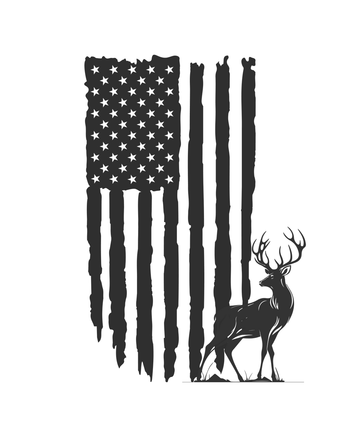 American Hunter Tee: A monochrome sketch of a deer on a flag, embodying art and wildlife. Premium fitted men’s tee in various sizes, 100% cotton, with ribbed knit collar for comfort and style.