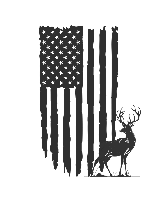 American Hunter Tee: A monochrome sketch of a deer on a flag, embodying art and wildlife. Premium fitted men’s tee in various sizes, 100% cotton, with ribbed knit collar for comfort and style.