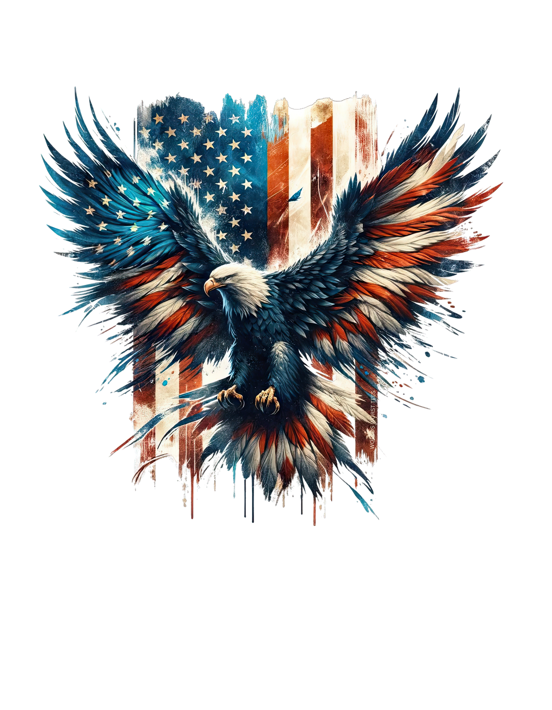 American Eagle Tee: A relaxed-fit t-shirt featuring a painting of an eagle with a flag, embodying patriotism and style. Made of 100% ring-spun cotton for comfort and durability. From Worlds Worst Tees.