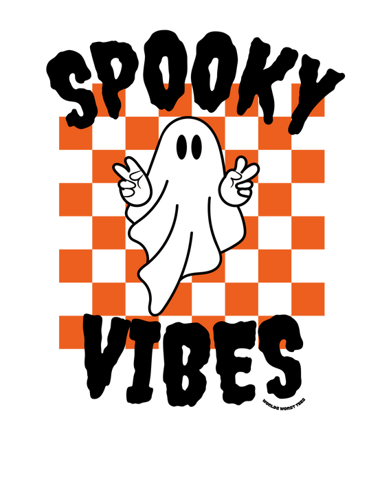 A unisex heavy blend crewneck sweatshirt featuring a cartoon ghost design on a checkered background. Comfortable polyester-cotton fabric, ribbed knit collar, loose fit, and sewn-in label. Title: SPOOKY VIBES CREW.