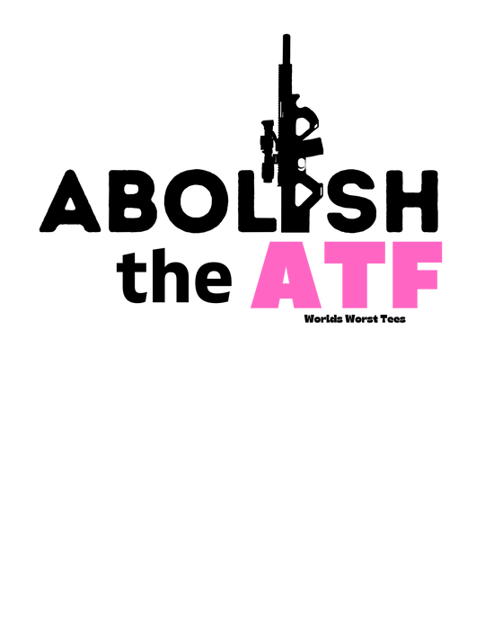 Men's premium fitted short sleeve tee, Abolish the ATF design. High-quality graphic print in pink letters on black background. 100% combed cotton, tear-away label, premium fit. Ideal for workouts and daily wear.