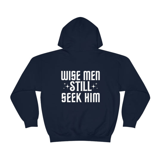 Unisex Wise Men Still Seek Him Hoodie: A cozy blend of cotton and polyester, featuring a kangaroo pocket and drawstring hood. Classic fit, tear-away label, ideal for printing.