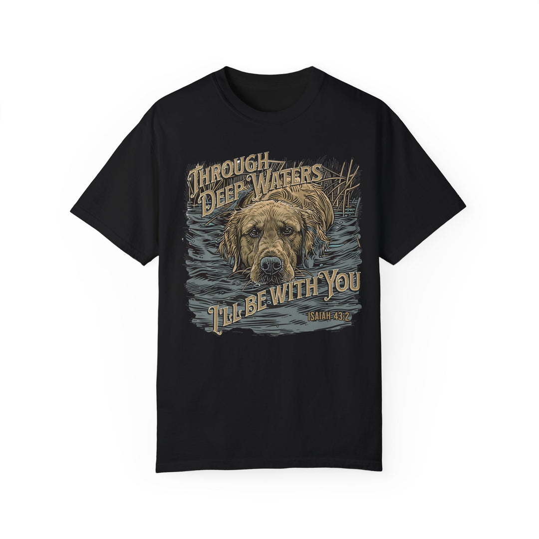 A relaxed-fit Through Deep Waters Hunting Tee, featuring a dog graphic on a black shirt. Made of 100% ring-spun cotton for coziness and durability, with double-needle stitching for longevity.