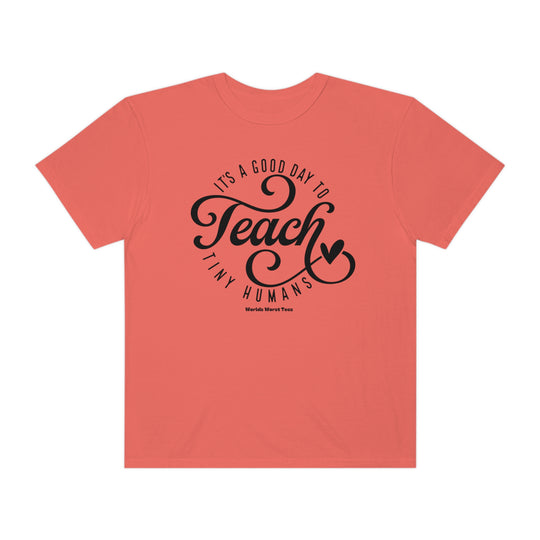 Unisex Teach Tiny Humans Tee, a black text t-shirt. Made of 80% ring-spun cotton, 20% polyester, with relaxed fit and rolled-forward shoulder. From Worlds Worst Tees.