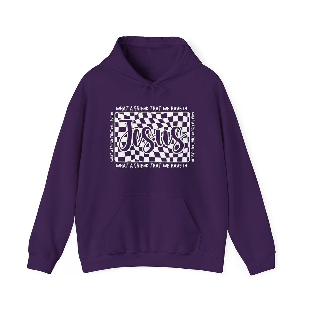 Purple hoodie with wavy checkerboard graphic and Jesus text, surrounded by What a friend we have in on all sides. Cozy blend, kangaroo pocket.