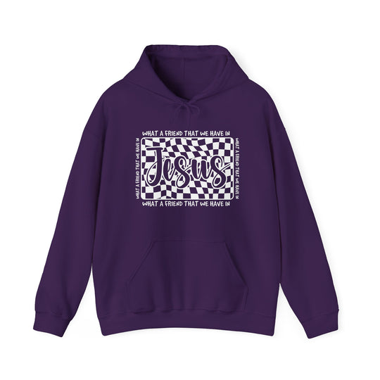 Purple hoodie with wavy checkerboard graphic and Jesus text, surrounded by What a friend we have in on all sides. Cozy blend, kangaroo pocket.