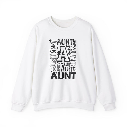 Aunt Crew relaxed fit sweatshirt in white with black text. Made of 50% cotton, 50% polyester blend for comfort and style. Medium-heavy fabric, loose fit, runs true to size.