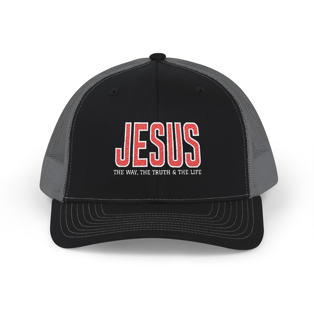 Jesus, the Truth, the Way, the Life Snapback Trucker Cap with black front, gray mesh back, red and white embroidery, and adjustable snap closure.