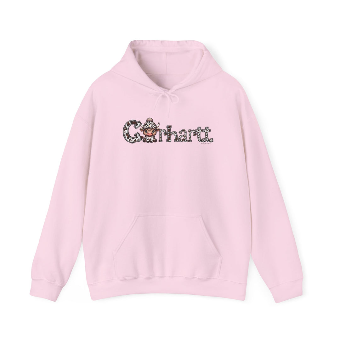 A pink Cowhartt Cow Hoodie sweatshirt featuring a cartoon cow design, made of 50% cotton and 50% polyester blend fabric. Classic fit with kangaroo pocket and drawstring hood. Medium-heavy fabric for comfort and warmth.