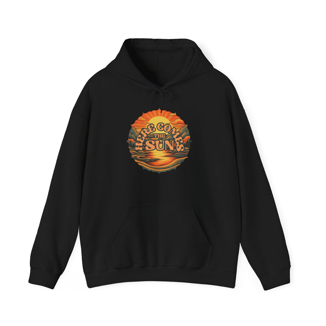A black hoodie featuring a graphic design of a sunset and mountains, a cozy blend of cotton and polyester for comfort and warmth, with a kangaroo pocket and drawstring hood. From Worlds Worst Tees, Here Comes the Sun Hoodie.