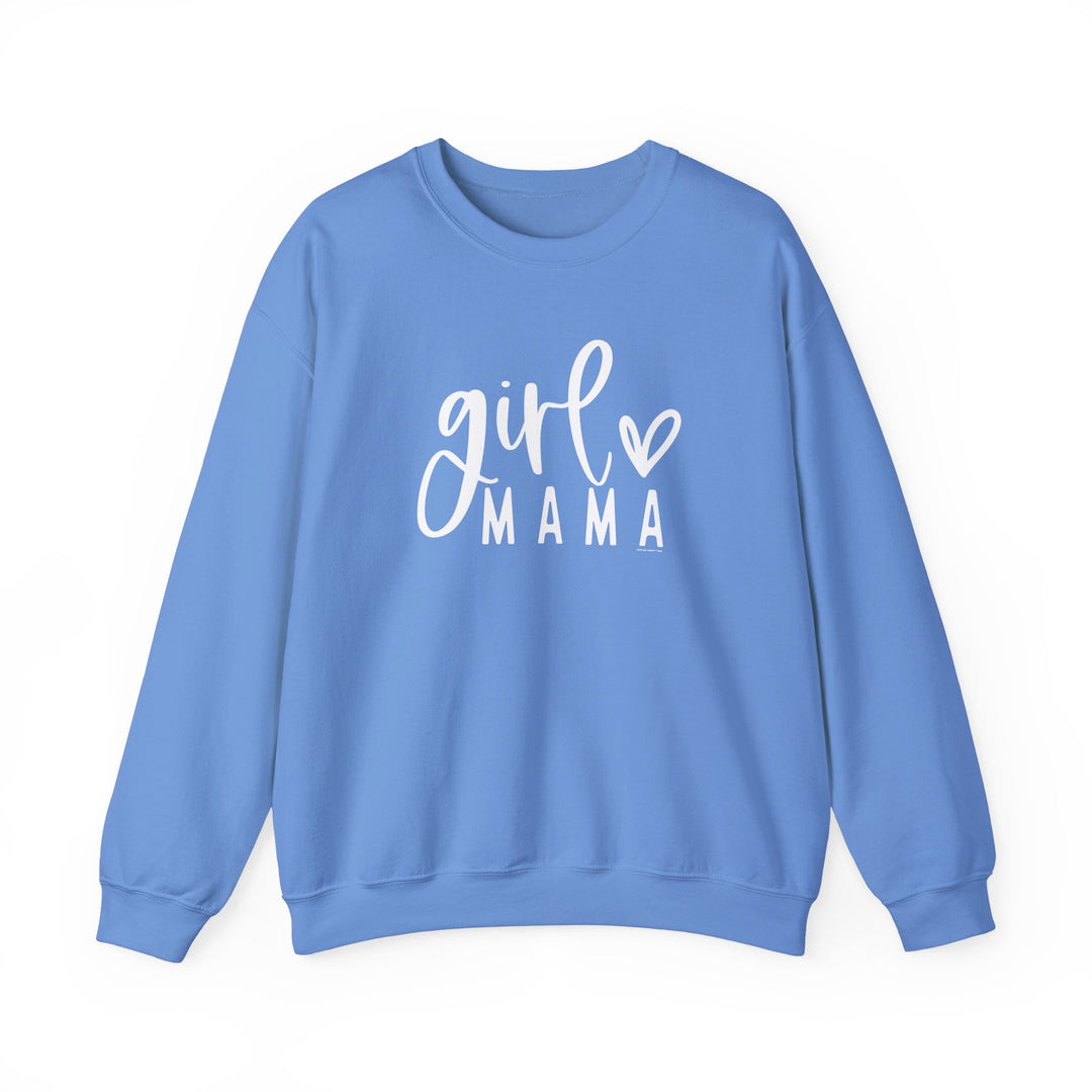 A blue Girl Mama Crew sweatshirt with white text. Unisex heavy blend crewneck, ribbed knit collar, no itchy side seams. 50% cotton, 50% polyester, loose fit, medium-heavy fabric. Sizes S to 5XL.