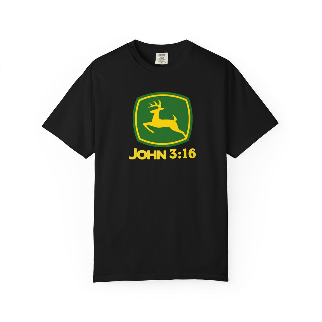 Black Comfort Colors T-shirt featuring a parody John Deere logo with a deer-in-a-shield graphic and yellow JOHN 3:16 text.