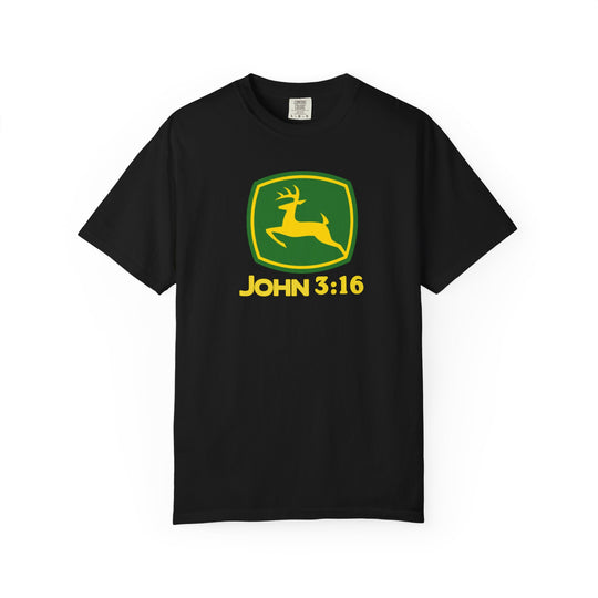 Black Comfort Colors T-shirt featuring a parody John Deere logo with a deer-in-a-shield graphic and yellow JOHN 3:16 text.