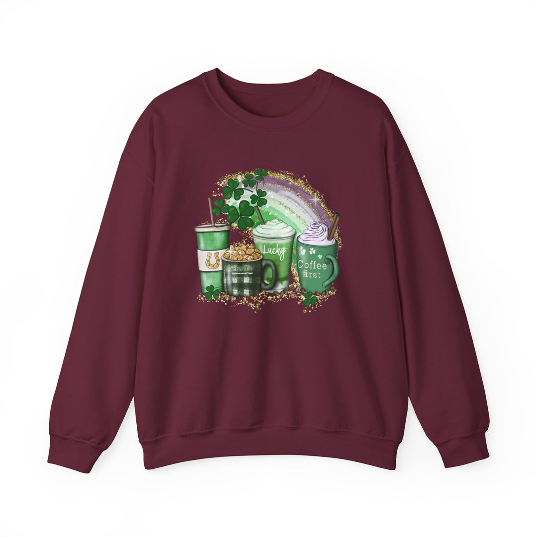 A Lucky Coffee Crew unisex sweatshirt featuring a rainbow and coffee design. Comfortable blend of polyester and cotton, ribbed knit collar, and no itchy side seams. Medium-heavy fabric, loose fit, true to size.