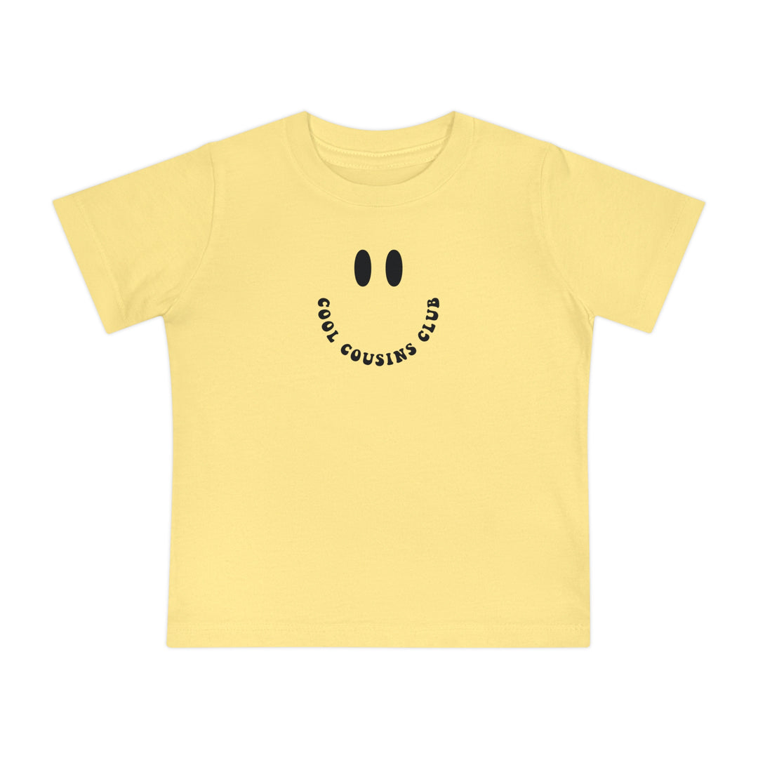 Cool Cousins Club Baby Tee, a soft, durable crew neck t-shirt for infants, showcasing shrink-resistant, pre-shrunk cotton for comfort during their first steps.