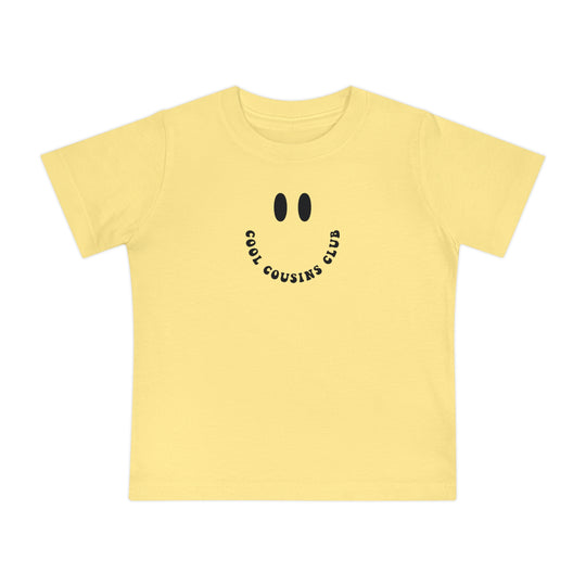 Cool Cousins Club Baby Tee, a soft, durable crew neck t-shirt for infants, showcasing shrink-resistant, pre-shrunk cotton for comfort during their first steps.